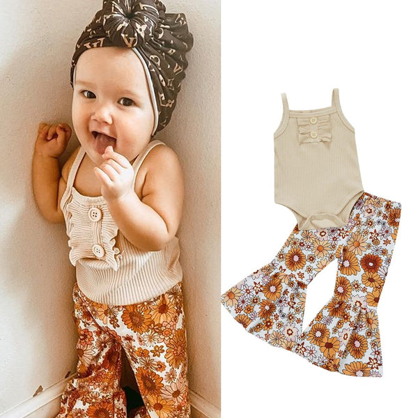 Toddler Baby Girl Bell Bottom Outfit Boho Floral Print Sleeveless