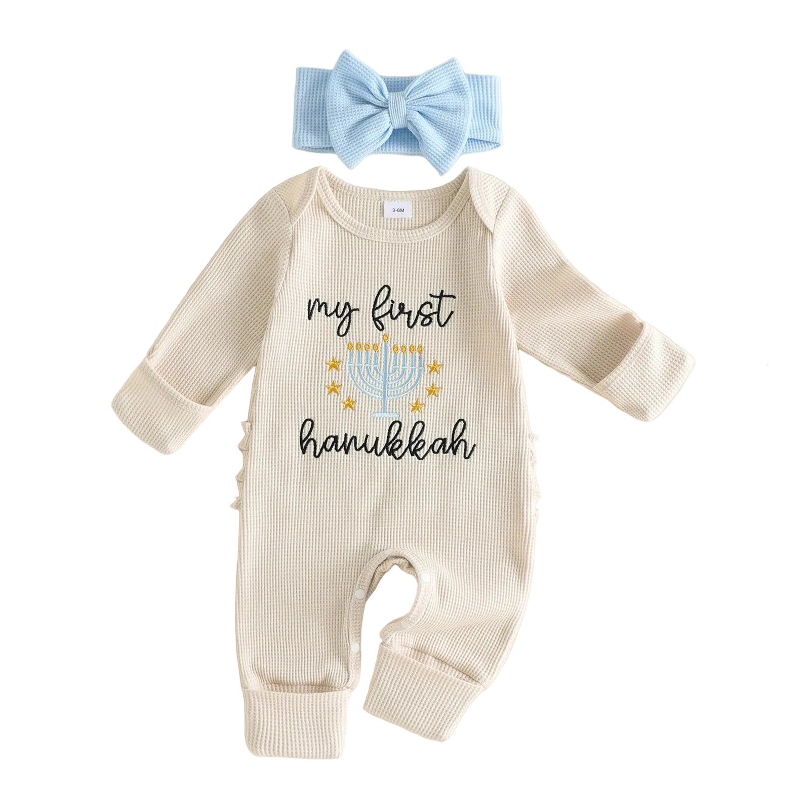 MY FIRST HANUKKAH Waffle Knit Ruffle Jumpsuit