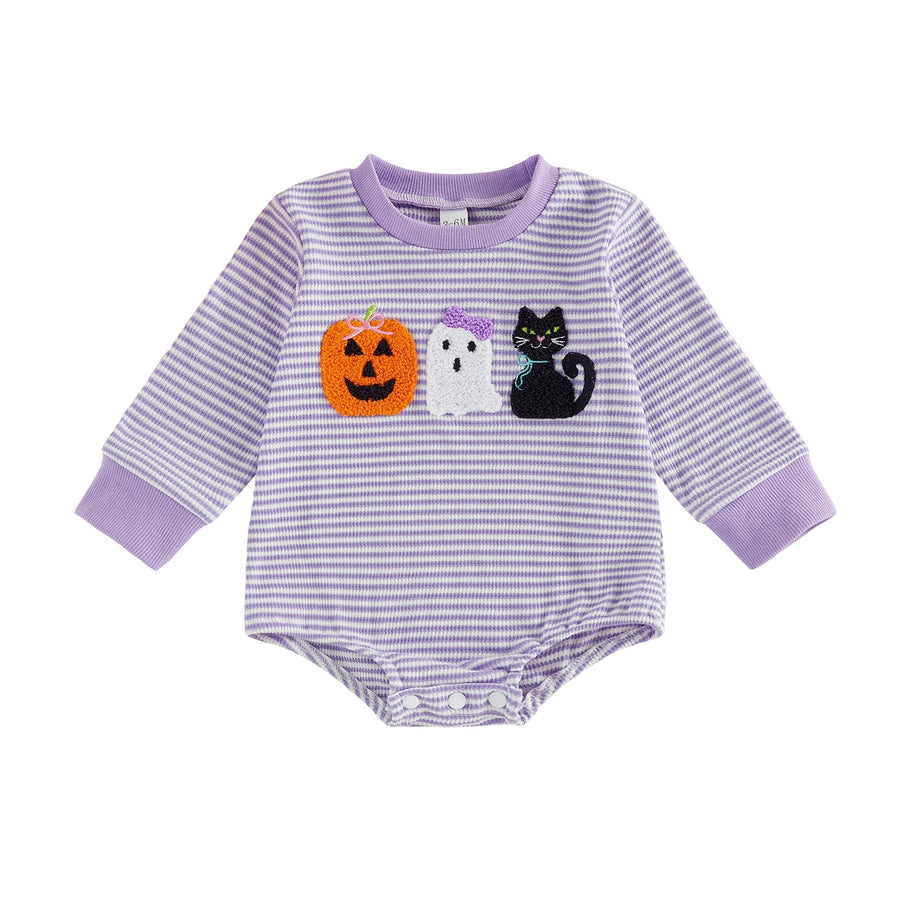 HAPPY HALLOWEEN Purple Striped Long-Sleeve Onesie