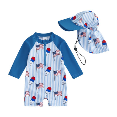 RED WHITE AND BLUE POPSICLE Swimsuit with Sun Hat