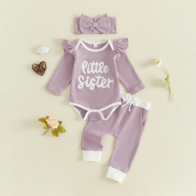 LITTLE SISTER Waffle Knit Ruffle Outfit with Headband