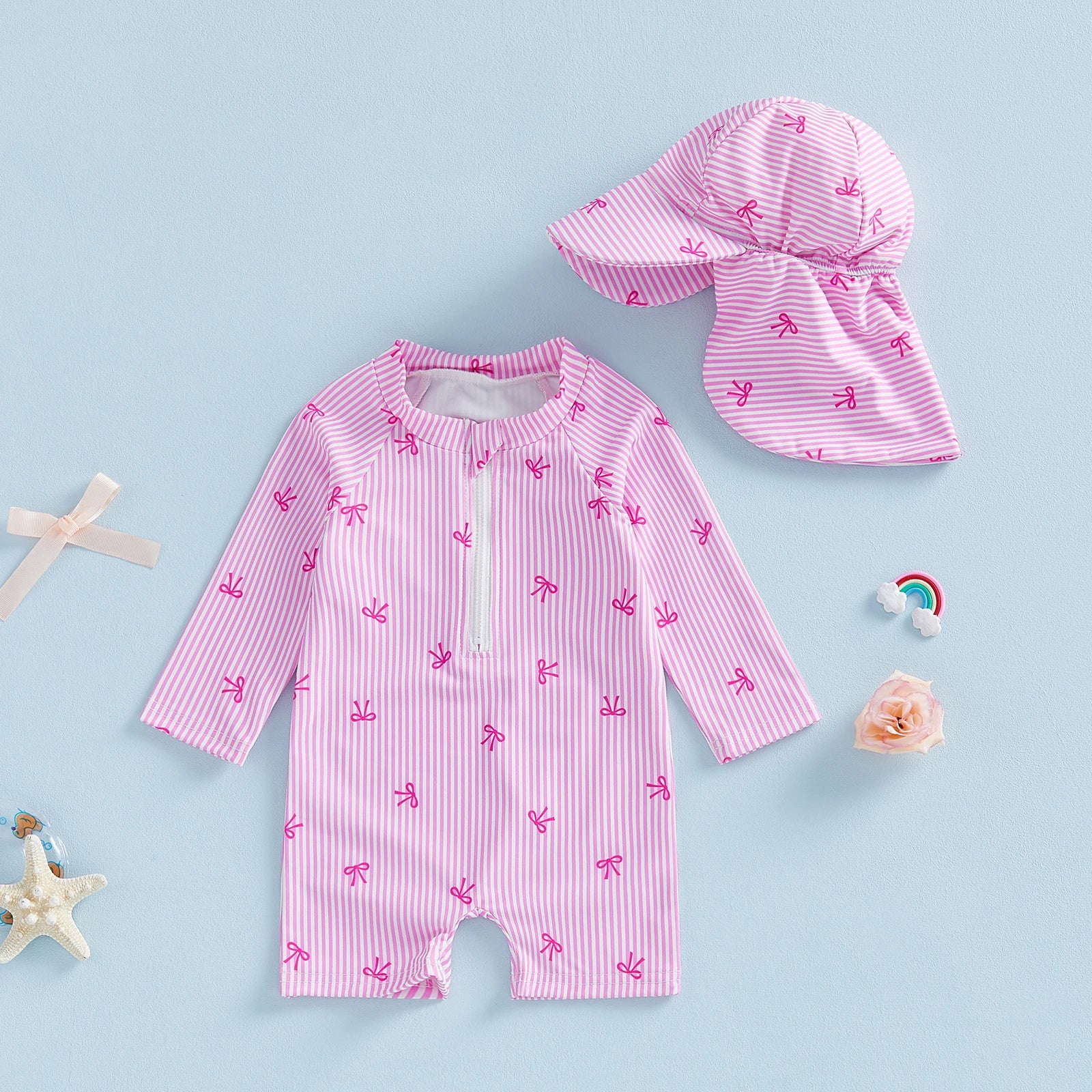 BOWTIES Striped Swimsuit with Sun Hat