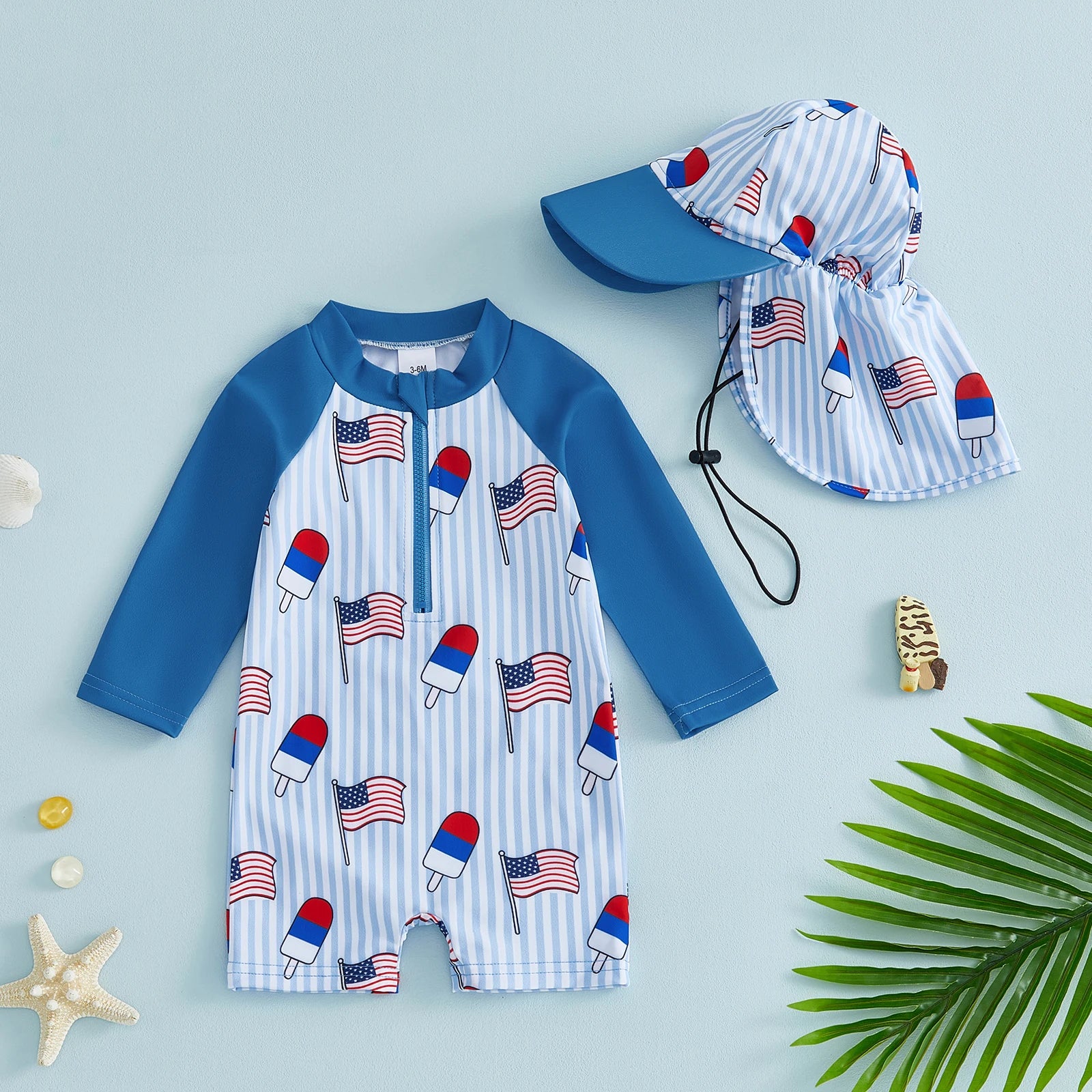 RED WHITE AND BLUE POPSICLE Swimsuit with Sun Hat