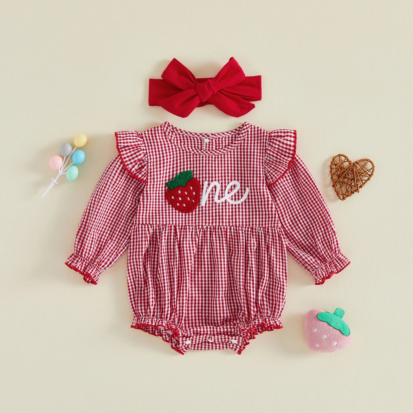 ONE Strawberry Checkered Romper