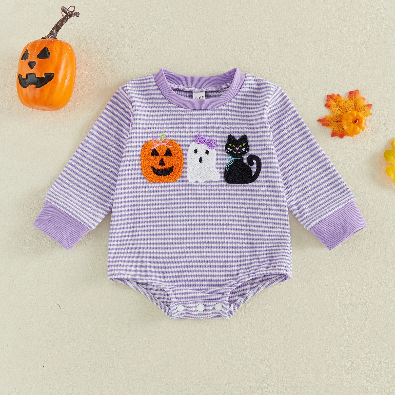 HAPPY HALLOWEEN Purple Striped Long-Sleeve Onesie
