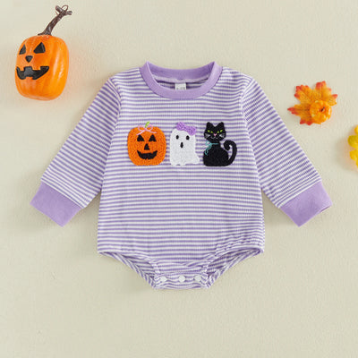 HAPPY HALLOWEEN Purple Striped Long-Sleeve Onesie