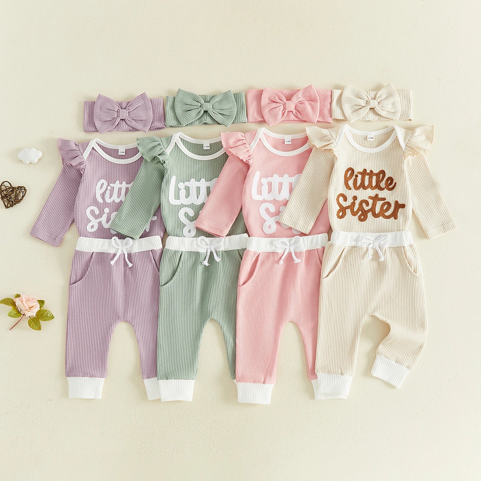 LITTLE SISTER Waffle Knit Ruffle Outfit with Headband