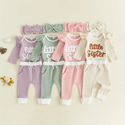LITTLE SISTER Waffle Knit Ruffle Outfit with Headband