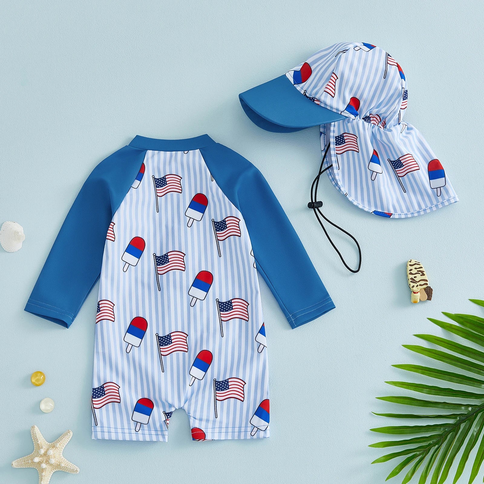 RED WHITE AND BLUE POPSICLE Swimsuit with Sun Hat