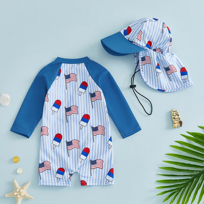 RED WHITE AND BLUE POPSICLE Swimsuit with Sun Hat