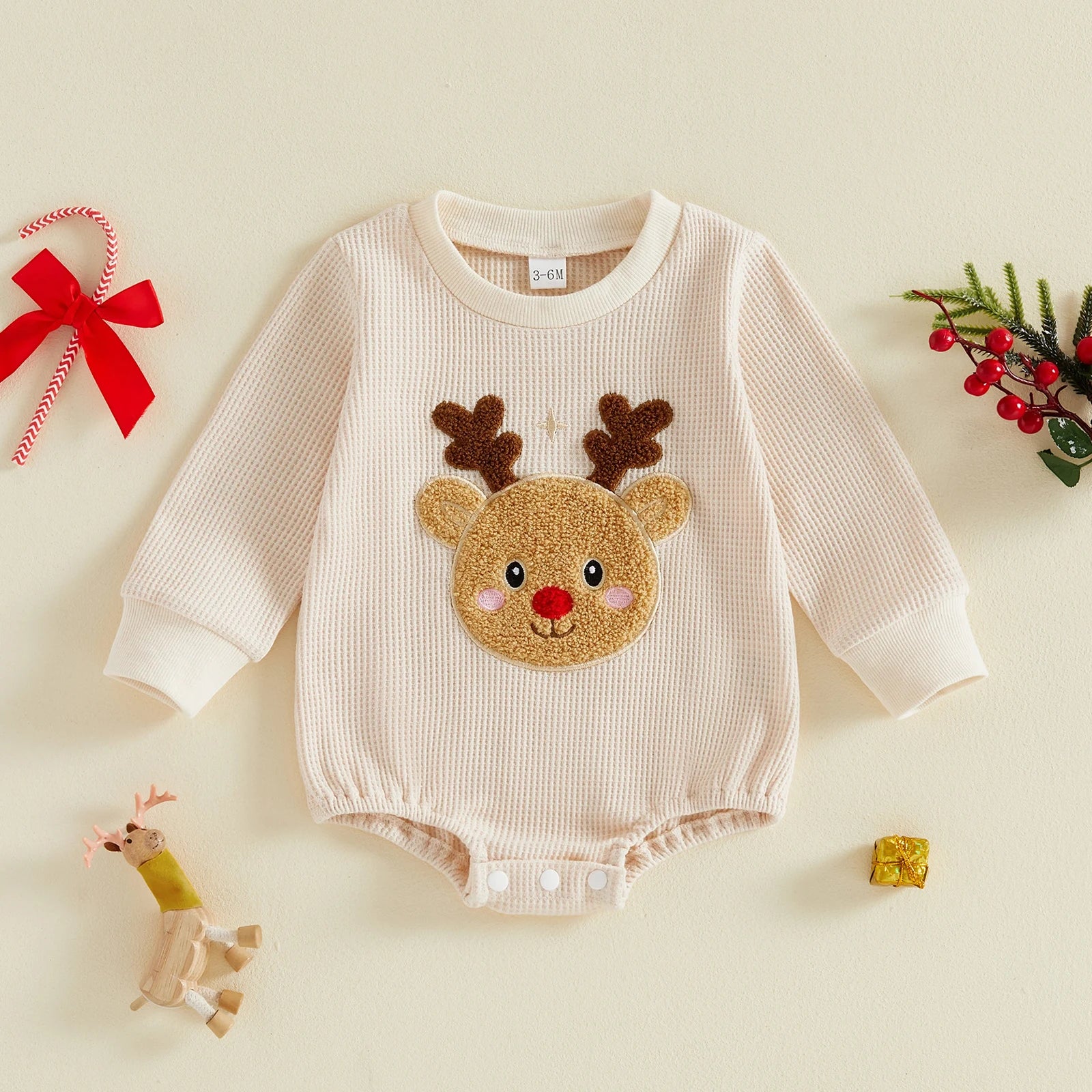 BABY REINDEER Waffle Knit Long-Sleeve Romper