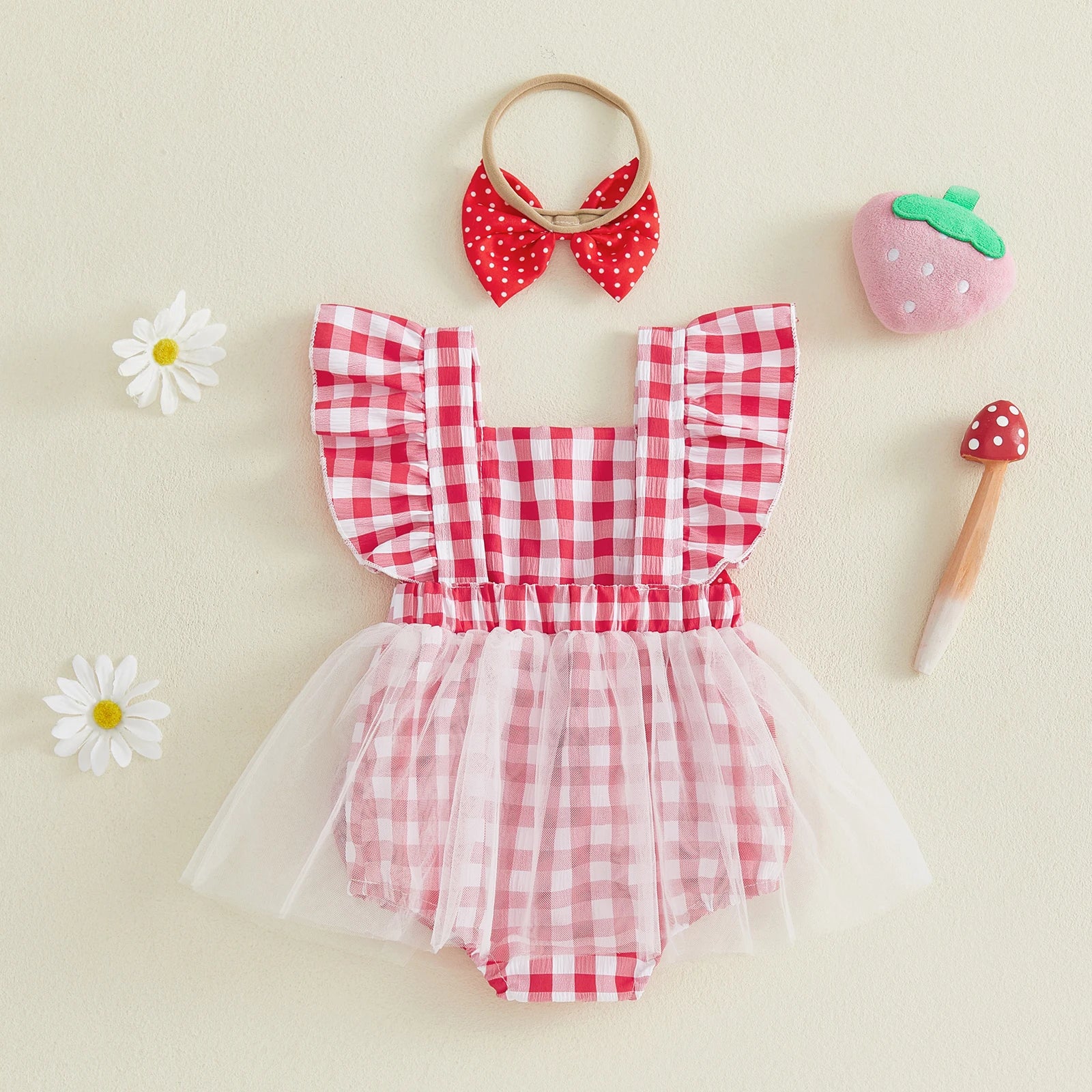STRAWBERRY Tulle Bowtie Romper Dress