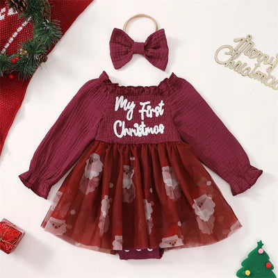 MY FIRST CHRISTMAS Smocked Tulle Romper Dress