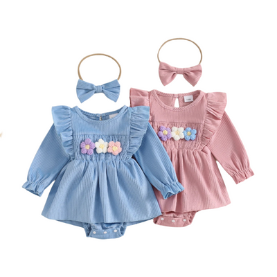 FLOWERS Ribbed Ruffle Romper Dress with Headband