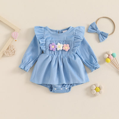 FLOWERS Ribbed Ruffle Romper Dress with Headband