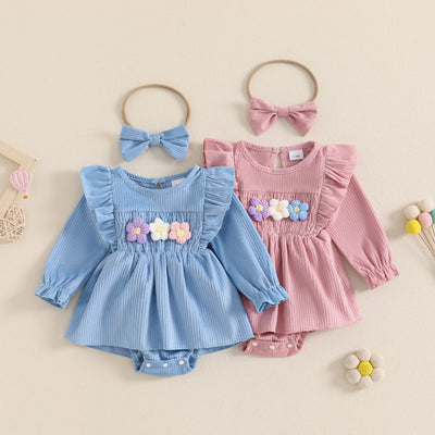 FLOWERS Ribbed Ruffle Romper Dress with Headband