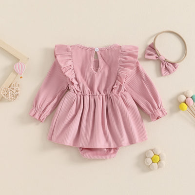 FLOWERS Ribbed Ruffle Romper Dress with Headband