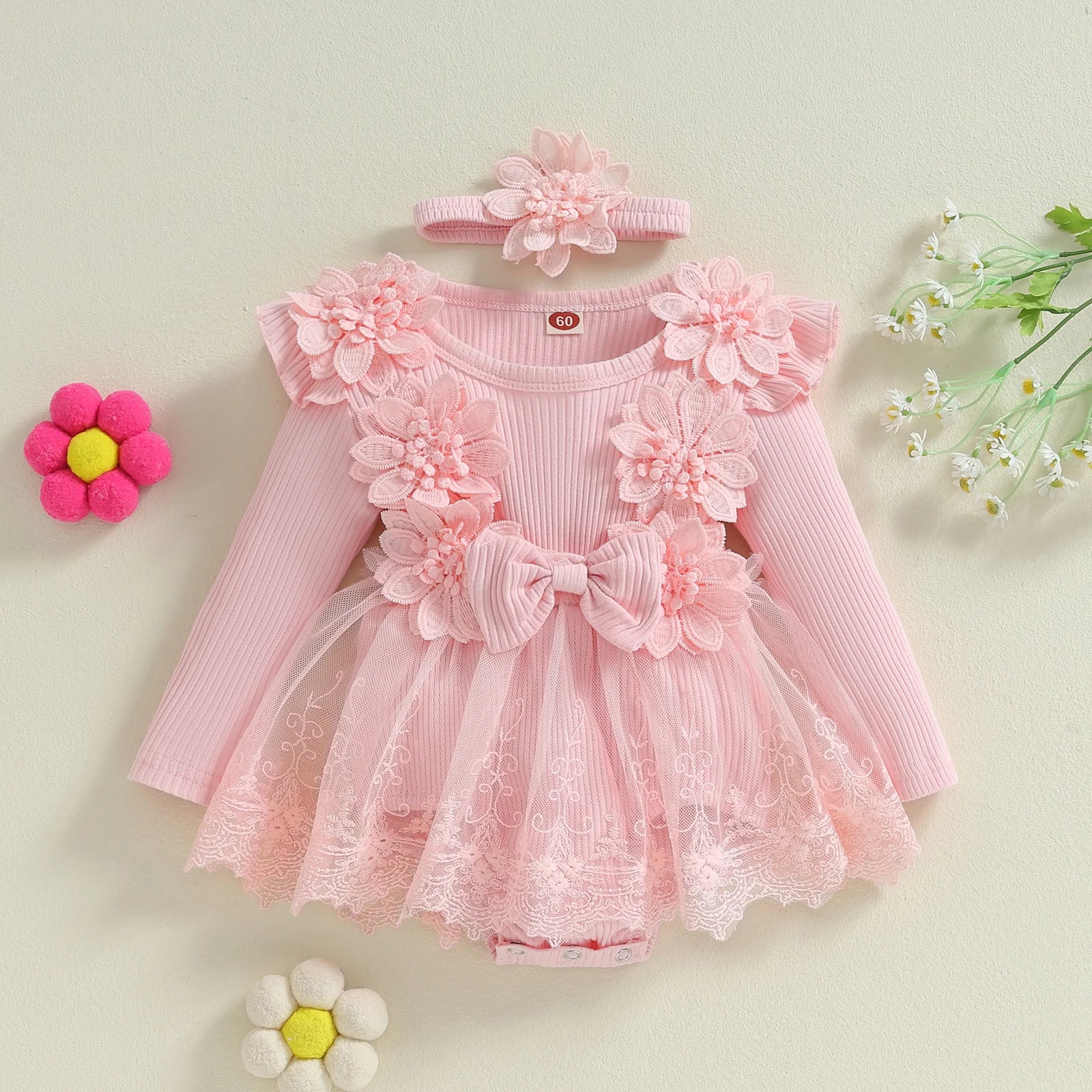 Kiara Crochet & Lace Romper Dress Pink / 0-3 Months Kiara Crochet & Lace Romper Dress Pink / 0-3 Months
