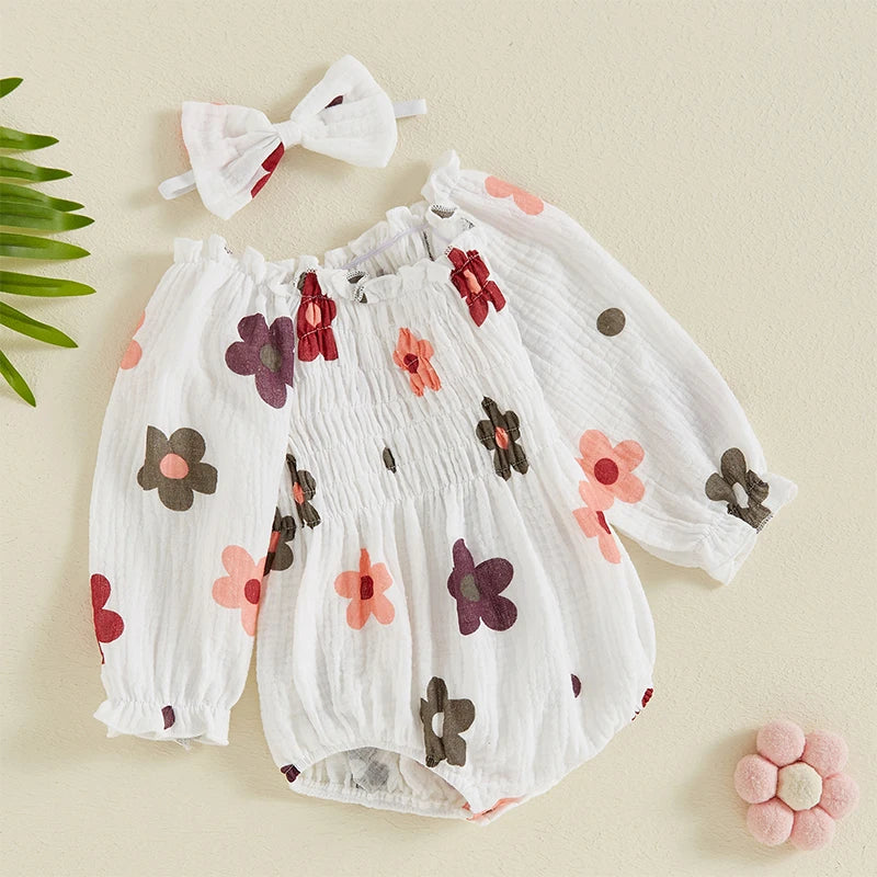 FLOWERS Smocked Romper with Headband