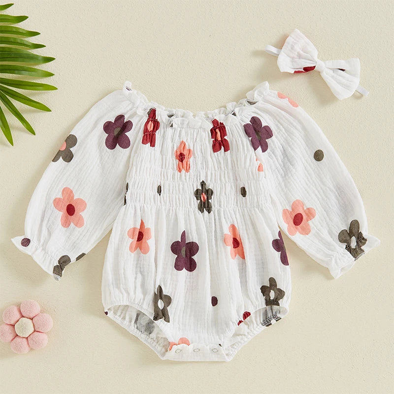 FLOWERS Smocked Romper with Headband