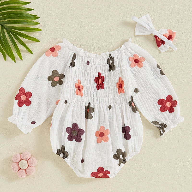 FLOWERS Smocked Romper with Headband