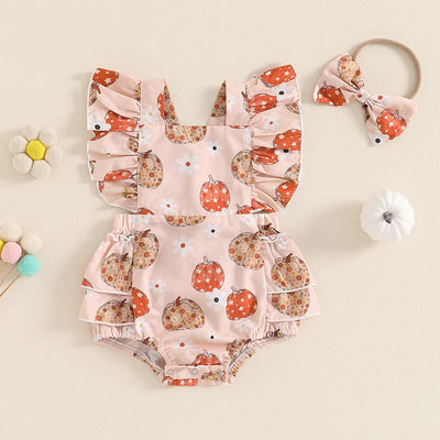 FLORAL PUMPKINS Ruffle Romper with Headband