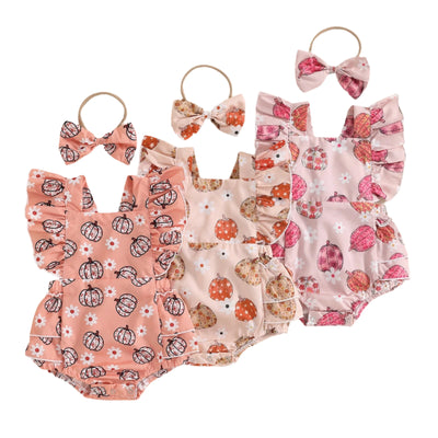 FLORAL PUMPKINS Ruffle Romper with Headband