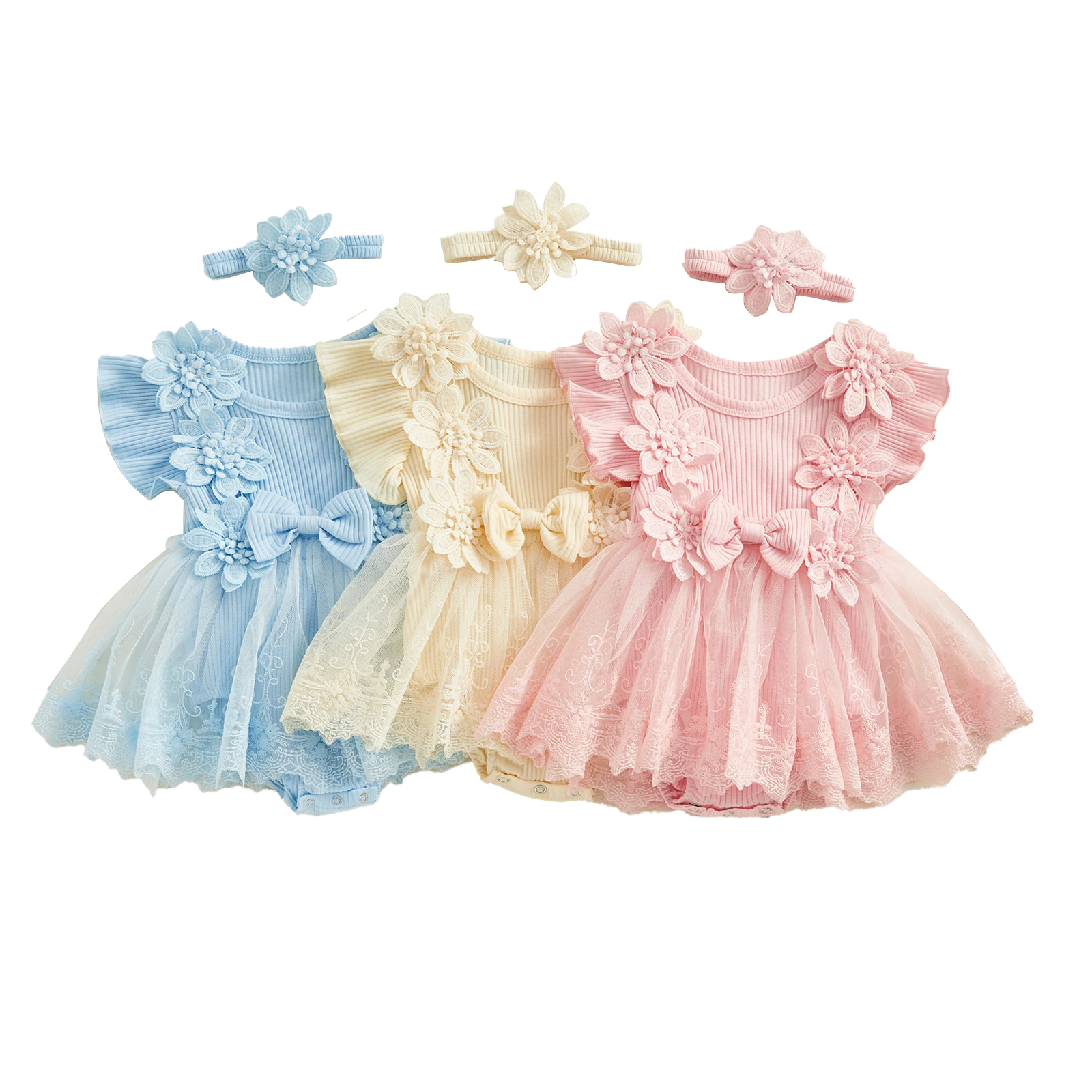 EVERLY Crochet Flower & Lace Romper with Headband