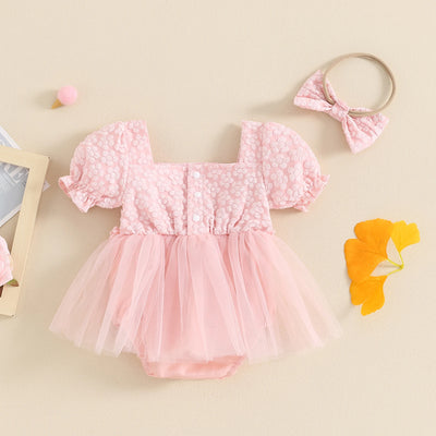GENEVIEVE Floral Tulle Romper with Headband