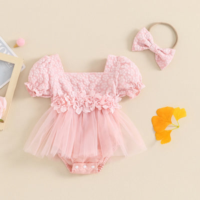 GENEVIEVE Floral Tulle Romper with Headband