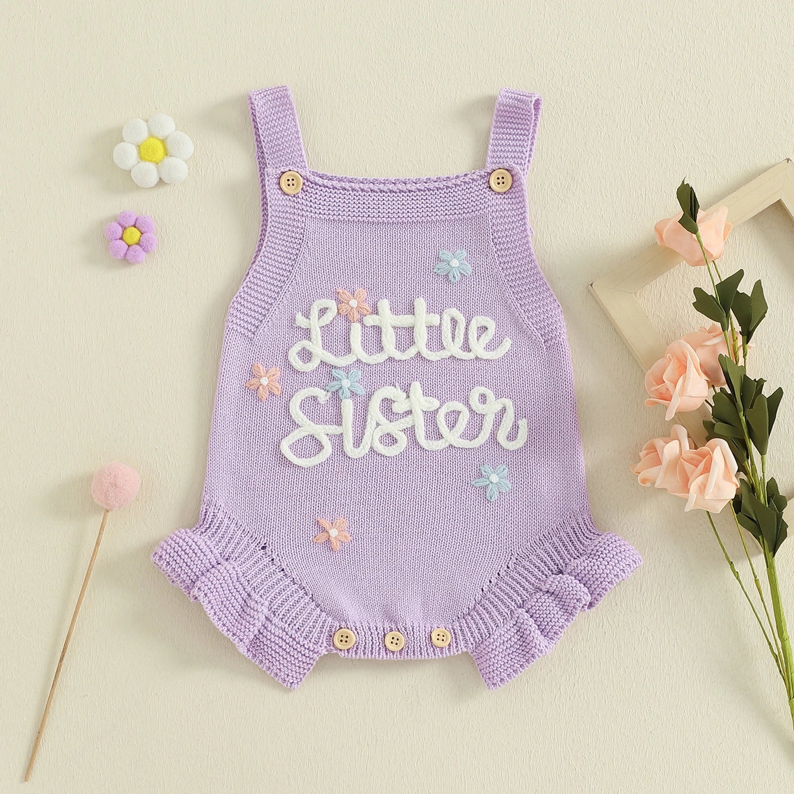 LITTLE SISTER Knitted Floral Romper