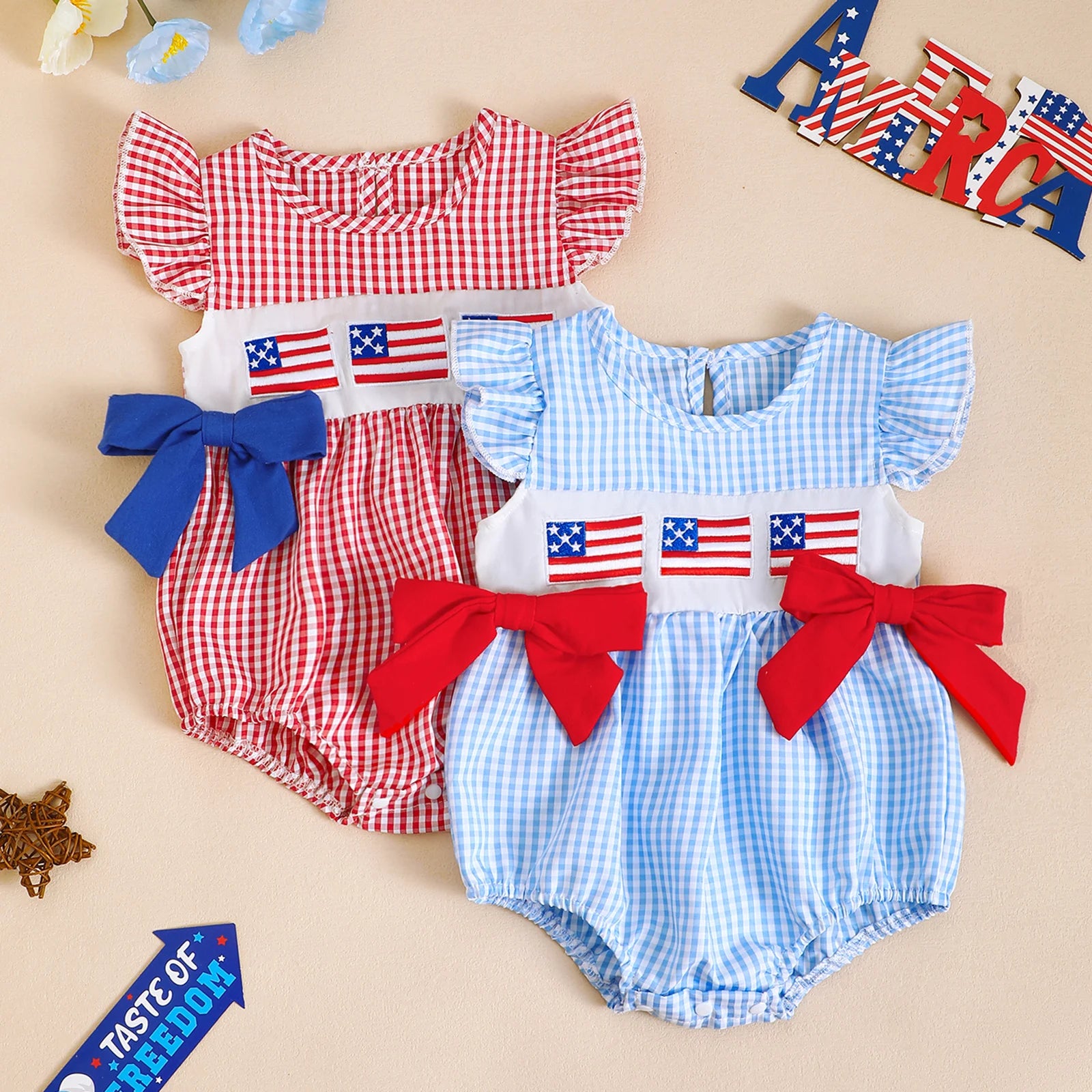 USA Checkered Bowtie Romper