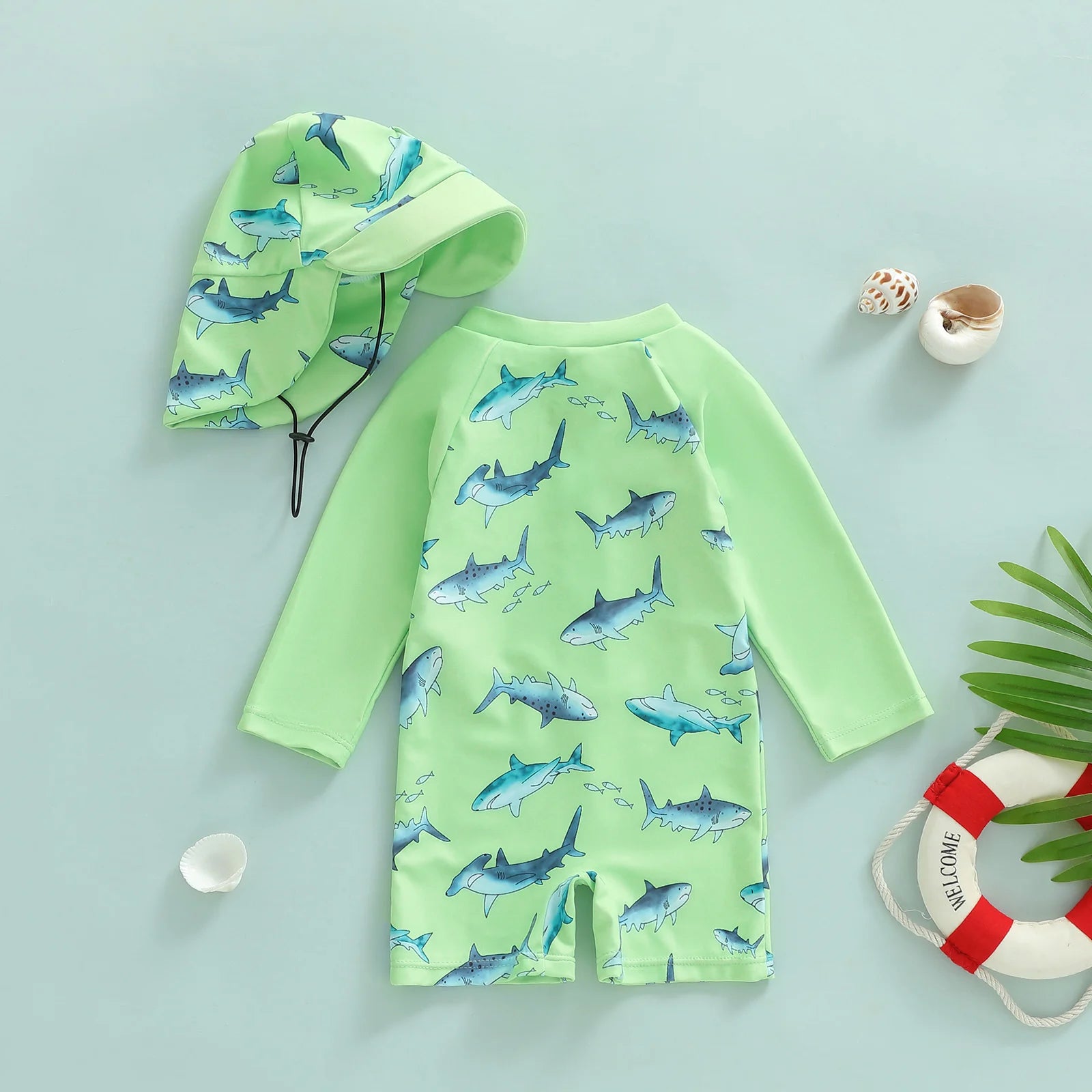 SHARKS Lime Green Swimsuit with Sun Hat