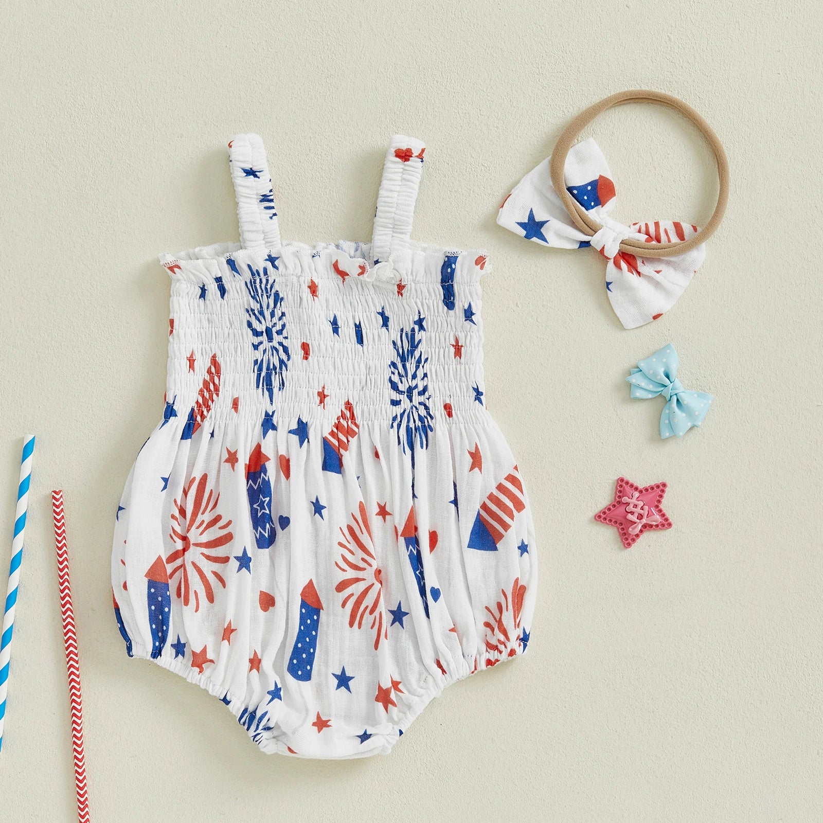 AMERICA Smocked Romper with Headband