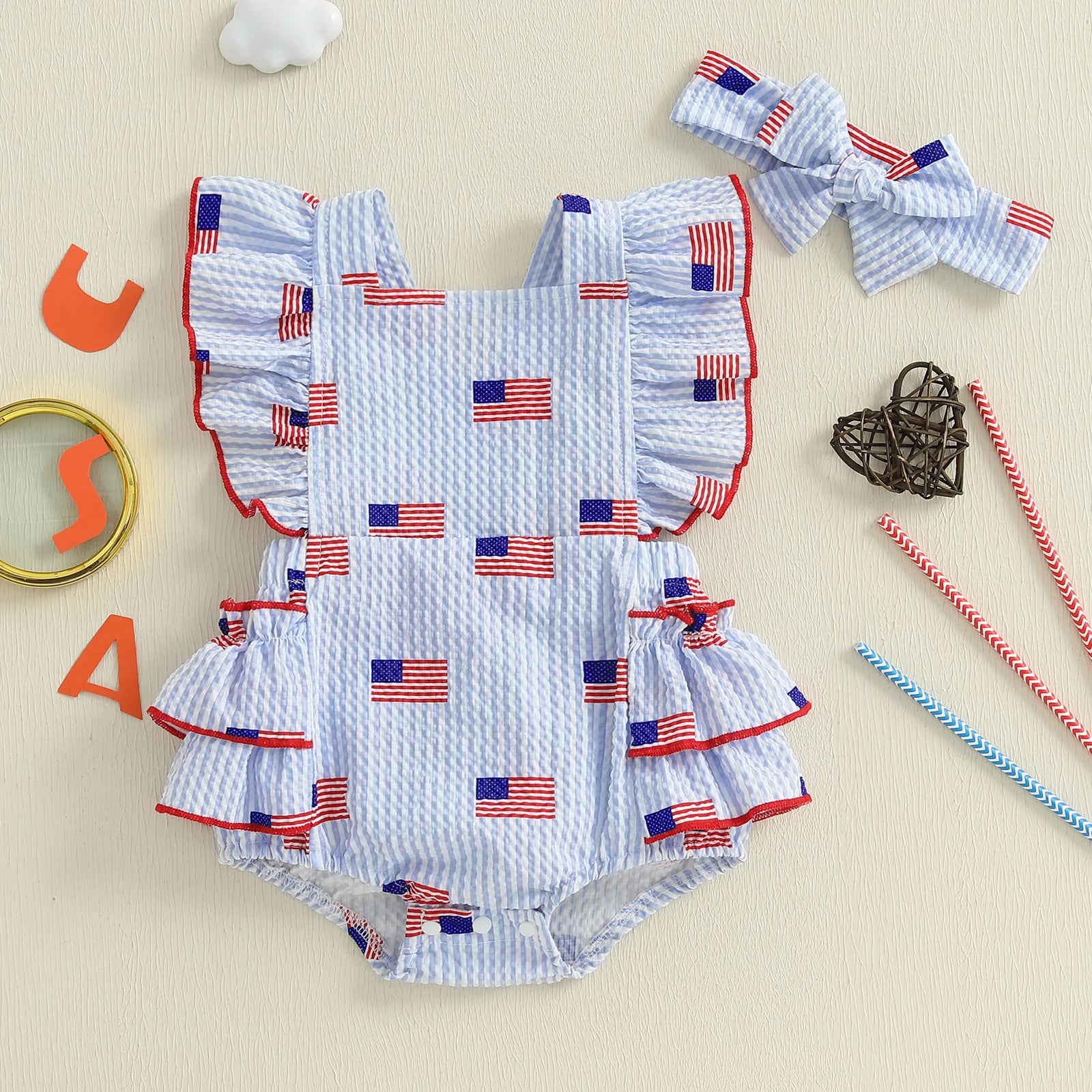 USA FLAG Ruffle Muslin Romper
