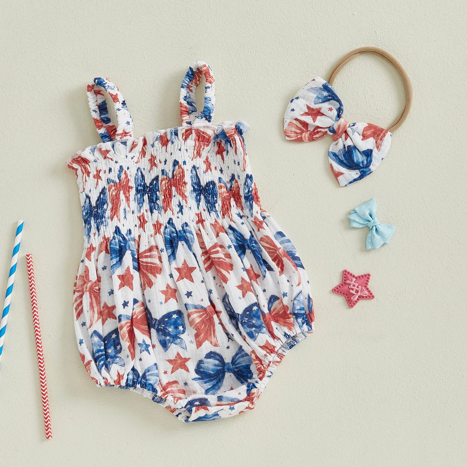 AMERICA Smocked Romper with Headband