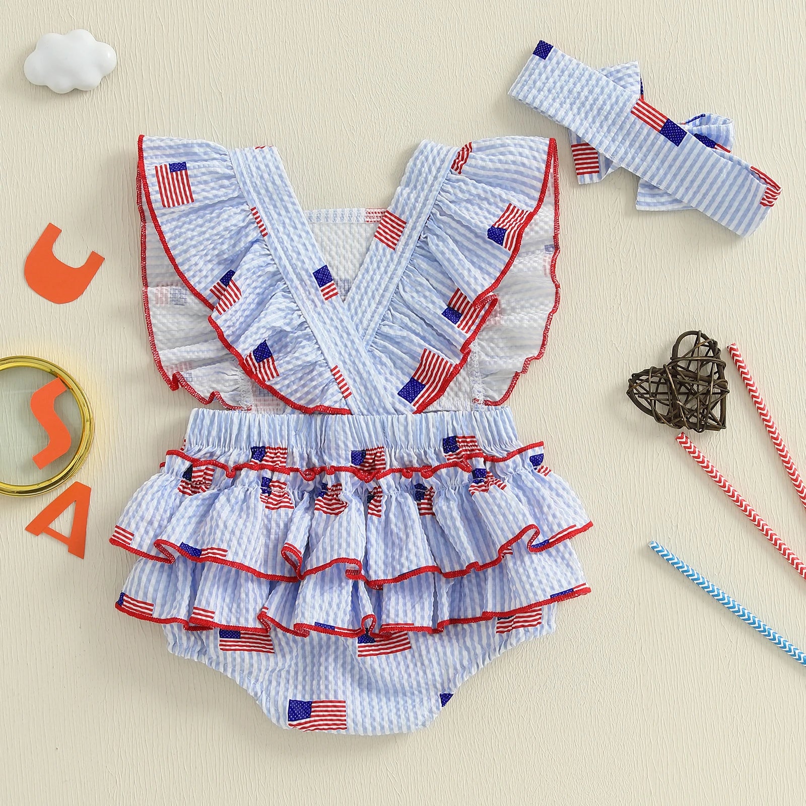 USA FLAG Ruffle Muslin Romper