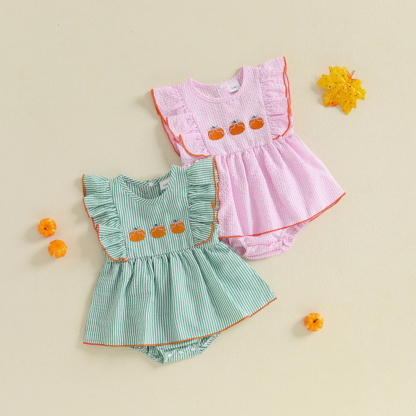 PUMPKIN Striped Ruffle Romper Dress