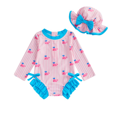WHALES Striped Swimsuit with Sun Hat