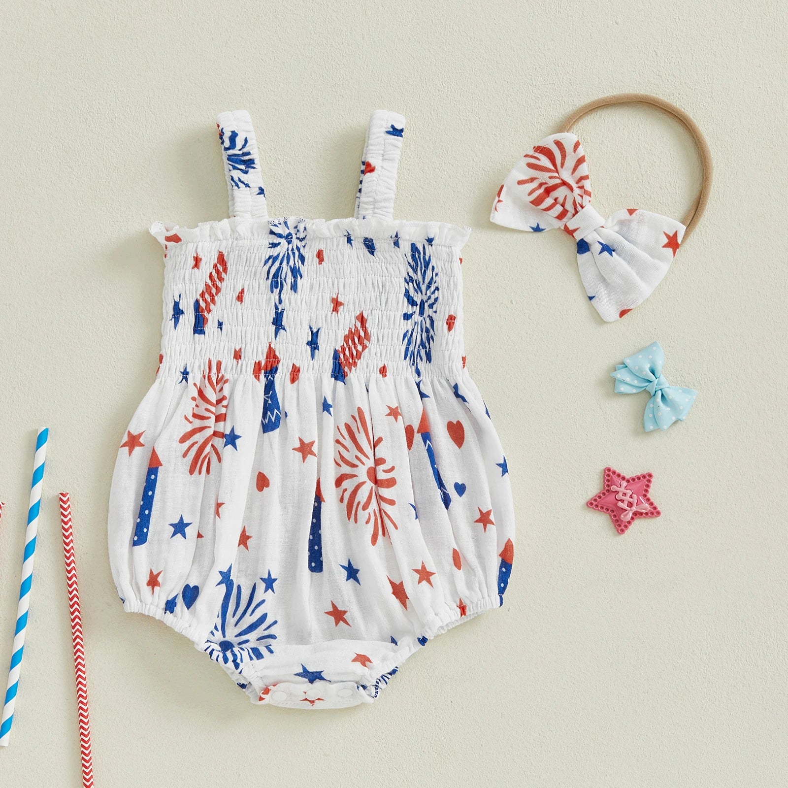 AMERICA Smocked Romper with Headband