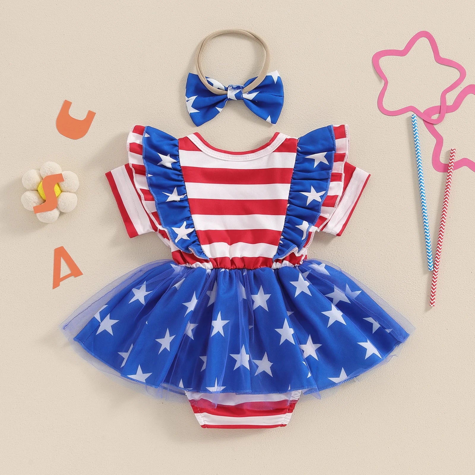 STARS & STRIPES Ruffle Romper Dress with Headband
