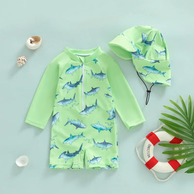 SHARKS Lime Green Swimsuit with Sun Hat