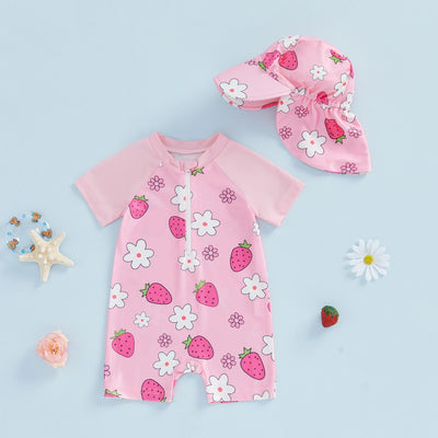 STRAWBERRY Pink Swimsuit with Sun Hat