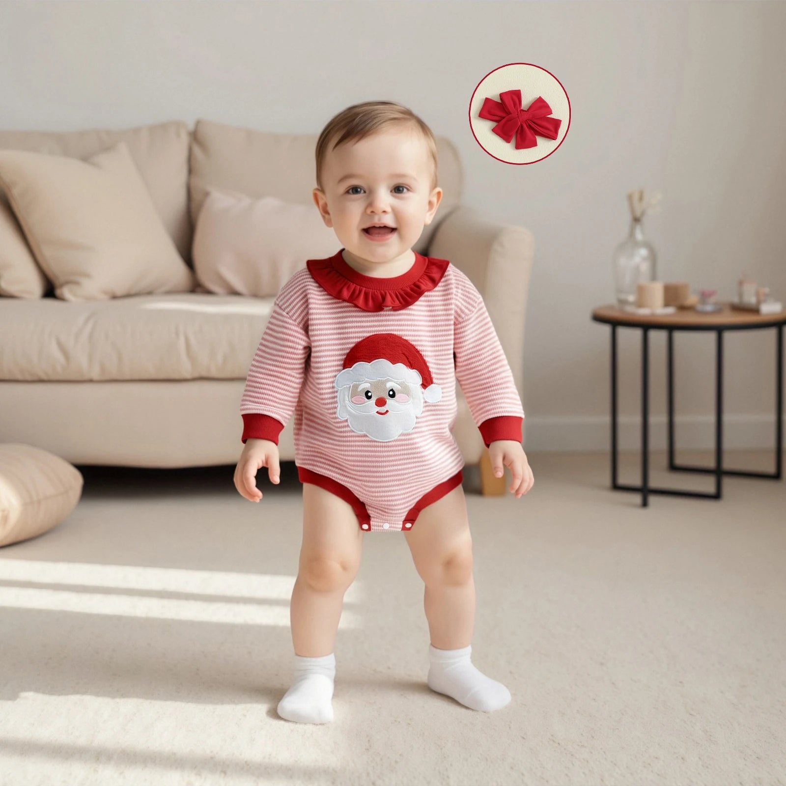 SANTA Striped Ruffle Collar Long-Sleeve Onesie