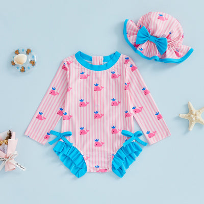 WHALES Striped Swimsuit with Sun Hat