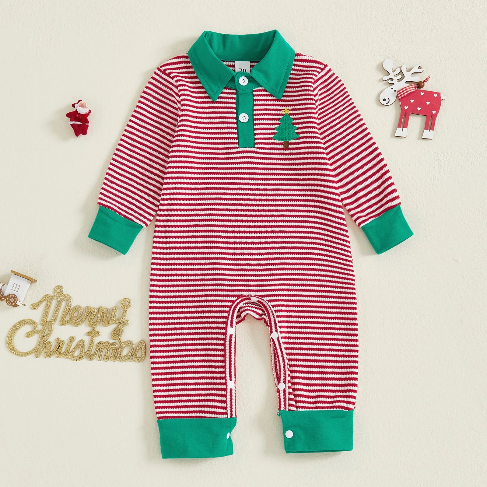 XMAS Striped Collar Jumpsuit