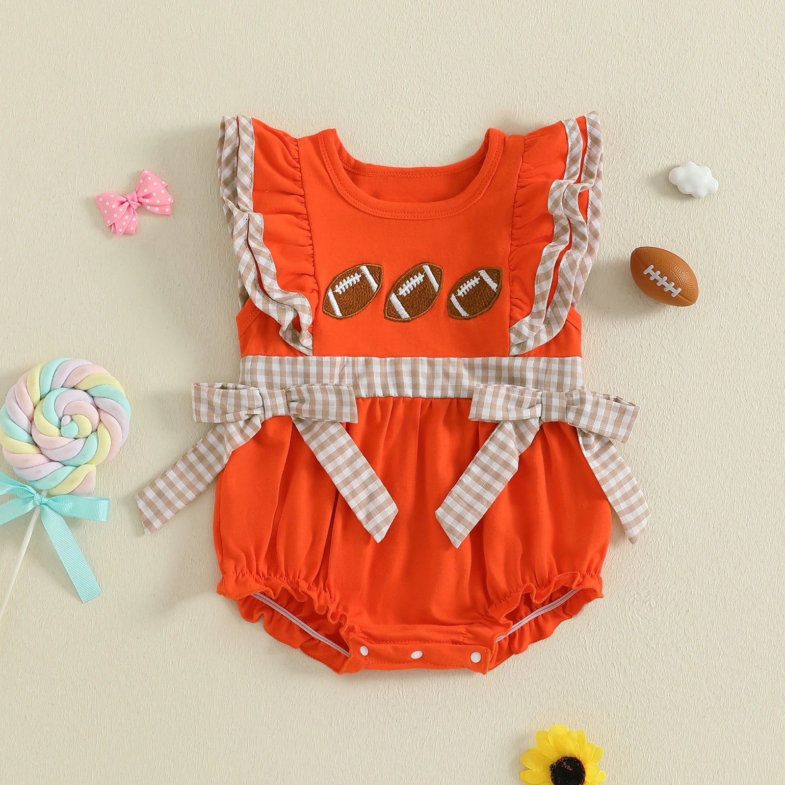 FOOTBALL Orange Bowtie Romper