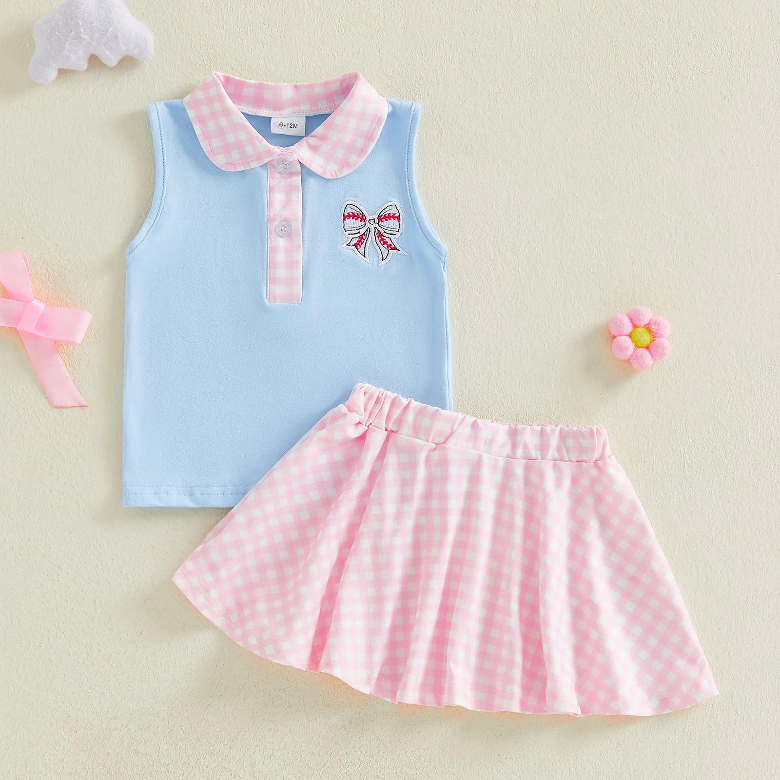 BASEBALL BOW Collar Skirt Outfit