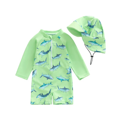 SHARKS Lime Green Swimsuit with Sun Hat