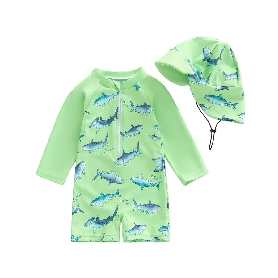 SHARKS Lime Green Swimsuit with Sun Hat